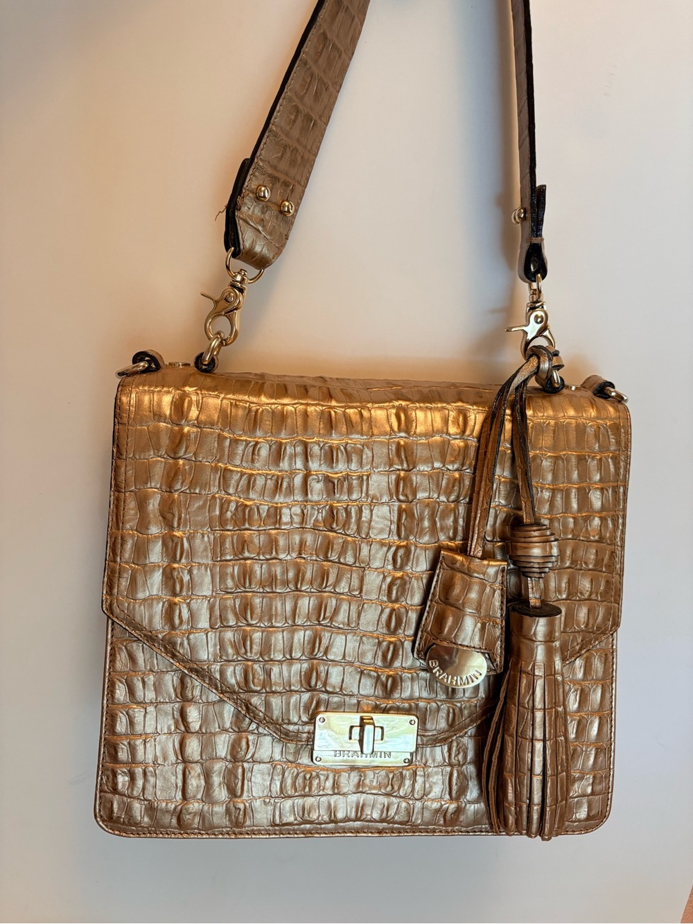 Brahmin Ophelia Metallic Gold Croc Crossbody Flap Bag ✨ Luxury Satchel NWOT